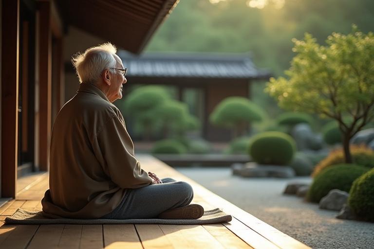 縁路の創設者らしき人物が、日本の古民家の縁側から、手入れされた庭園を穏やかに見つめている様子。哲学的な思索を促す静けさ。