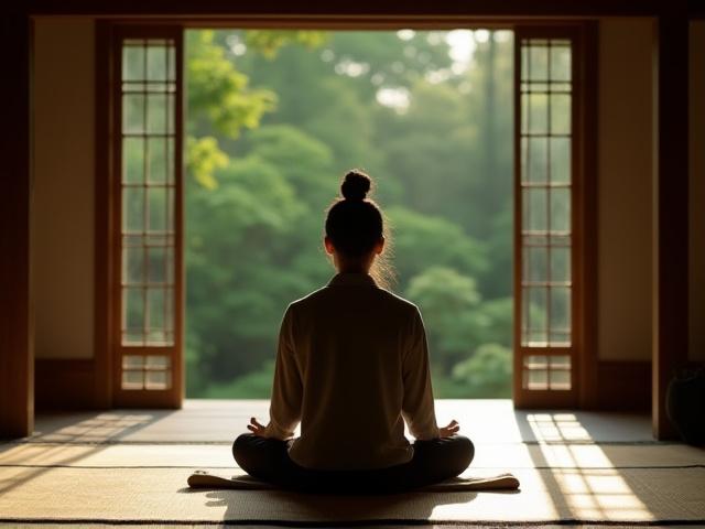 静寂な寺院の宿坊で朝の瞑想をする旅行者